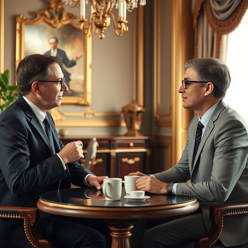 Finanční poradce a klient v uvolněném rozhovoru u kávy v charcoal-zlaté kanceláři